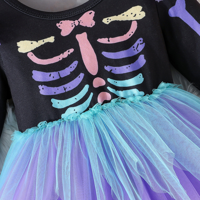 Dječja haljina s nepravilnom mrežastom suknjom, cartoon uzorak, Milk Silk materijal, 89% poliester