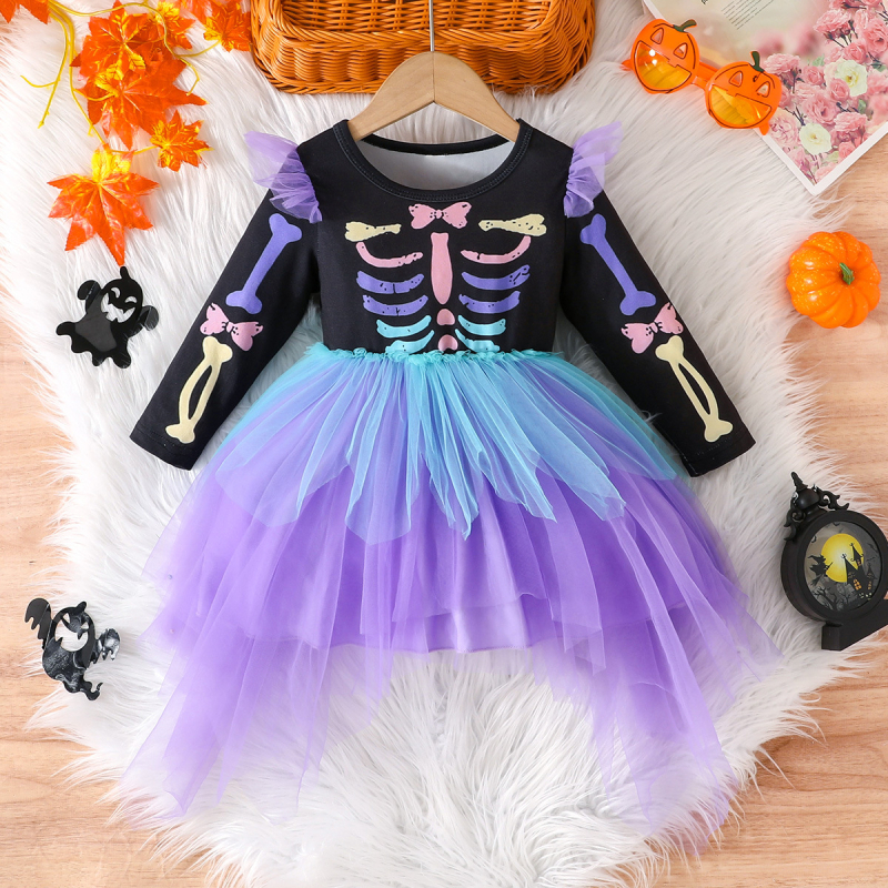 Dječja haljina s nepravilnom mrežastom suknjom, cartoon uzorak, Milk Silk materijal, 89% poliester