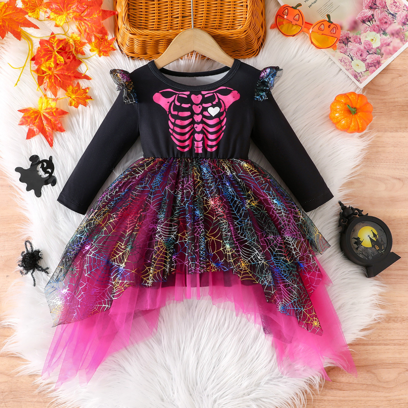 Dječja haljina s nepravilnom mrežastom suknjom, cartoon uzorak, Milk Silk materijal, 89% poliester