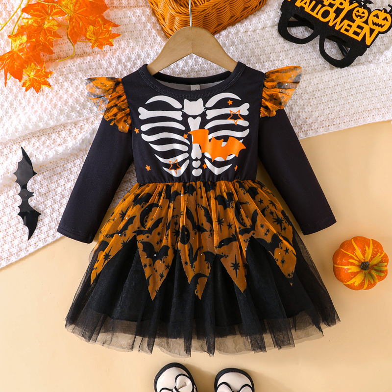 Dječja haljina s nepravilnom mrežastom suknjom, cartoon uzorak, Milk Silk materijal, 89% poliester