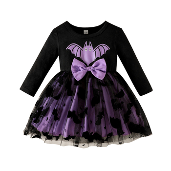 Φόρεμα για κορίτσια με μοτίβο νυχτερίδας και διχτυωτή φούστα, Α-γραμμής; κύριο ύφασμα 95% πολυεστέρας; επένδυση 100% πολυεστέρας; κατάλληλο για ηλικίες 1–3 ετών