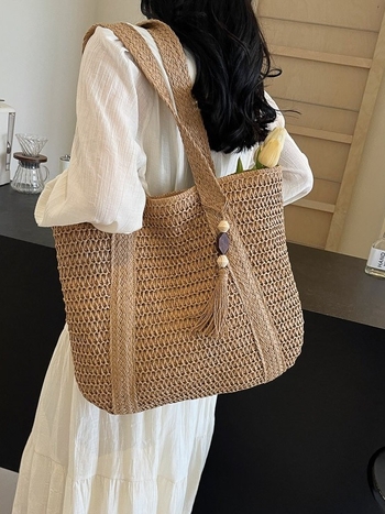 Slamnata plaža Tote torba, pamuk i lan, zatvarač, trodimenzionalni vanjski dizajn, unutarnji džepovi za telefon i osobnu iskaznicu