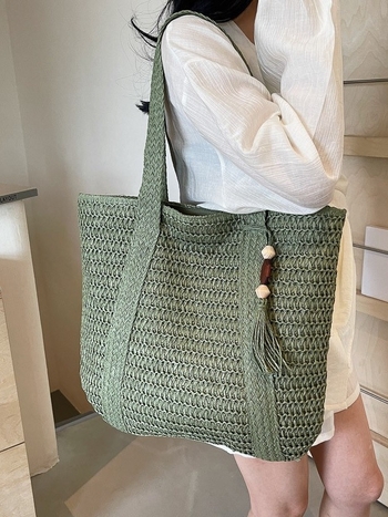 Slamnata plaža Tote torba, pamuk i lan, zatvarač, trodimenzionalni vanjski dizajn, unutarnji džepovi za telefon i osobnu iskaznicu