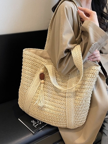 Slamnata plaža Tote torba, pamuk i lan, zatvarač, trodimenzionalni vanjski dizajn, unutarnji džepovi za telefon i osobnu iskaznicu