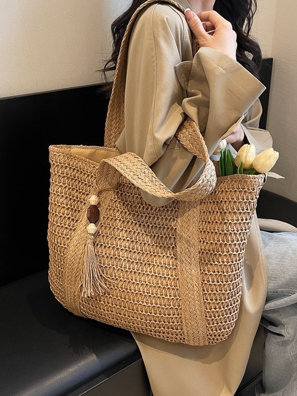 Slamnata plaža Tote torba, pamuk i lan, zatvarač, trodimenzionalni vanjski dizajn, unutarnji džepovi za telefon i osobnu iskaznicu