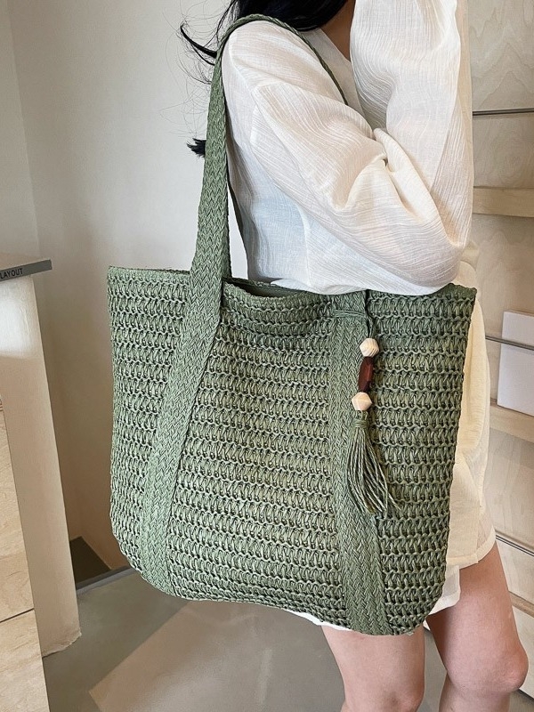 Slamnata plaža Tote torba, pamuk i lan, zatvarač, trodimenzionalni vanjski dizajn, unutarnji džepovi za telefon i osobnu iskaznicu