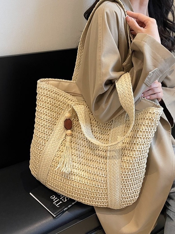 Slamnata plaža Tote torba, pamuk i lan, zatvarač, trodimenzionalni vanjski dizajn, unutarnji džepovi za telefon i osobnu iskaznicu