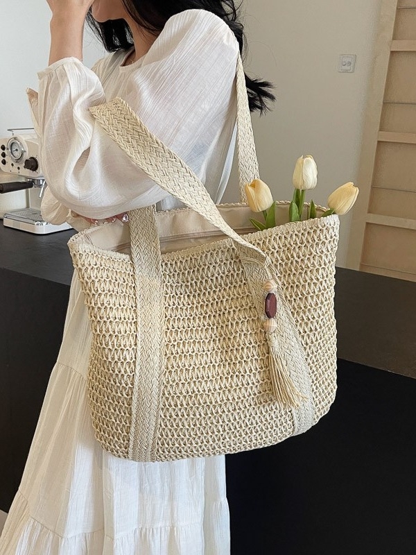 Slamnata plaža Tote torba, pamuk i lan, zatvarač, trodimenzionalni vanjski dizajn, unutarnji džepovi za telefon i osobnu iskaznicu