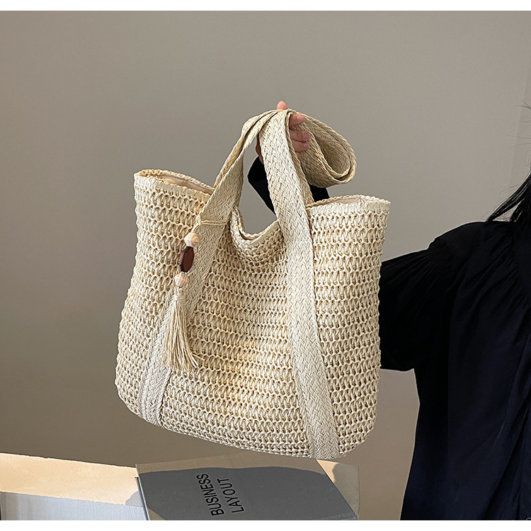 Slamnata plaža Tote torba, pamuk i lan, zatvarač, trodimenzionalni vanjski dizajn, unutarnji džepovi za telefon i osobnu iskaznicu