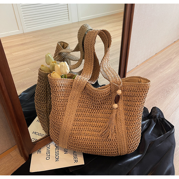 Slamnata plaža Tote torba, pamuk i lan, zatvarač, trodimenzionalni vanjski dizajn, unutarnji džepovi za telefon i osobnu iskaznicu