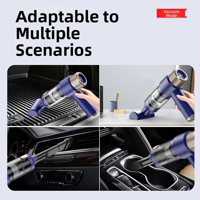 Belainė rankinė automobilių dulkių siurblys, 4-in-1: galingas siurbimas, pūtimas, vandens įsisavinimas ir dulkių plovimas; siurbimo galia 6000 Pa, galia 120 W, 7,4 V įkraunama baterija, 45000 rpm