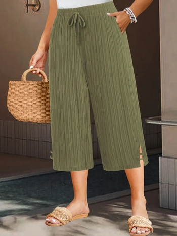 Дамски cropped прави панталони от полиестер, с микроеластична талия и джобове