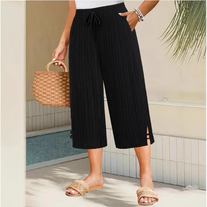 Ženske cropped hlače ravnog kroja od poliestera, s mikroelastičnim pojasom i džepovima