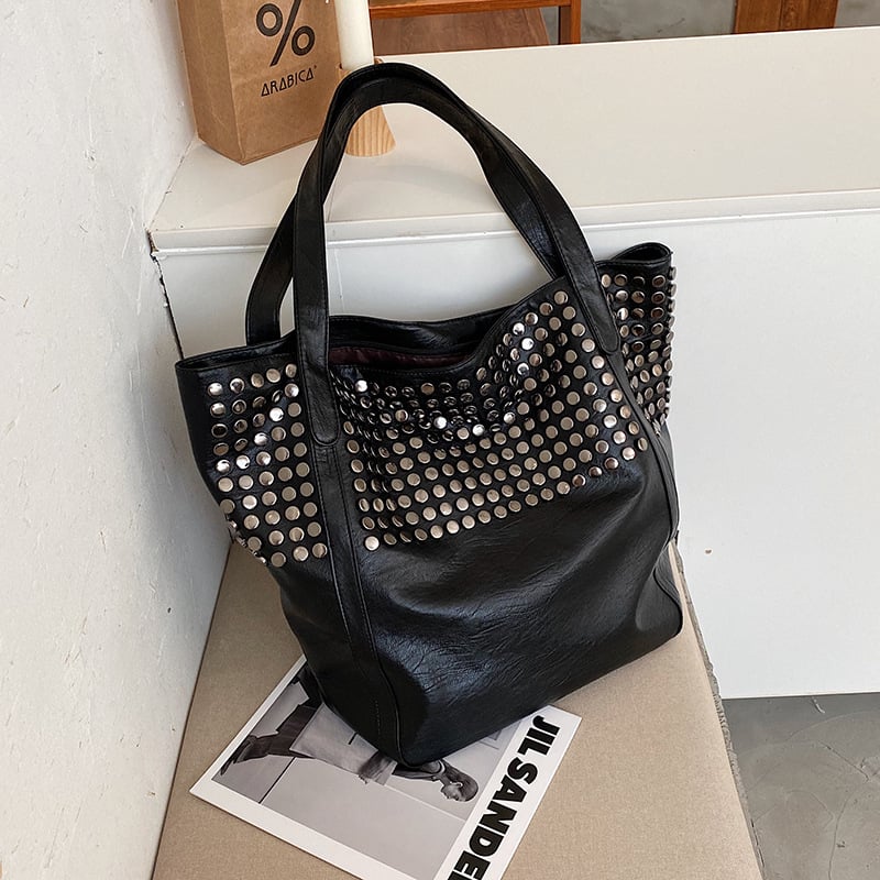 Torba Tote s metalnim rivetima, PU materijal, zatvaranje na zip, unutarnja džep sa zipom, vodoravni kvadratni oblik