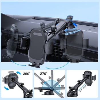 Автомобилен държач за монтиране с вакуумна присоска, антихлъзгаща глава с 17 топчета, 360° въртене и телескопичен прът