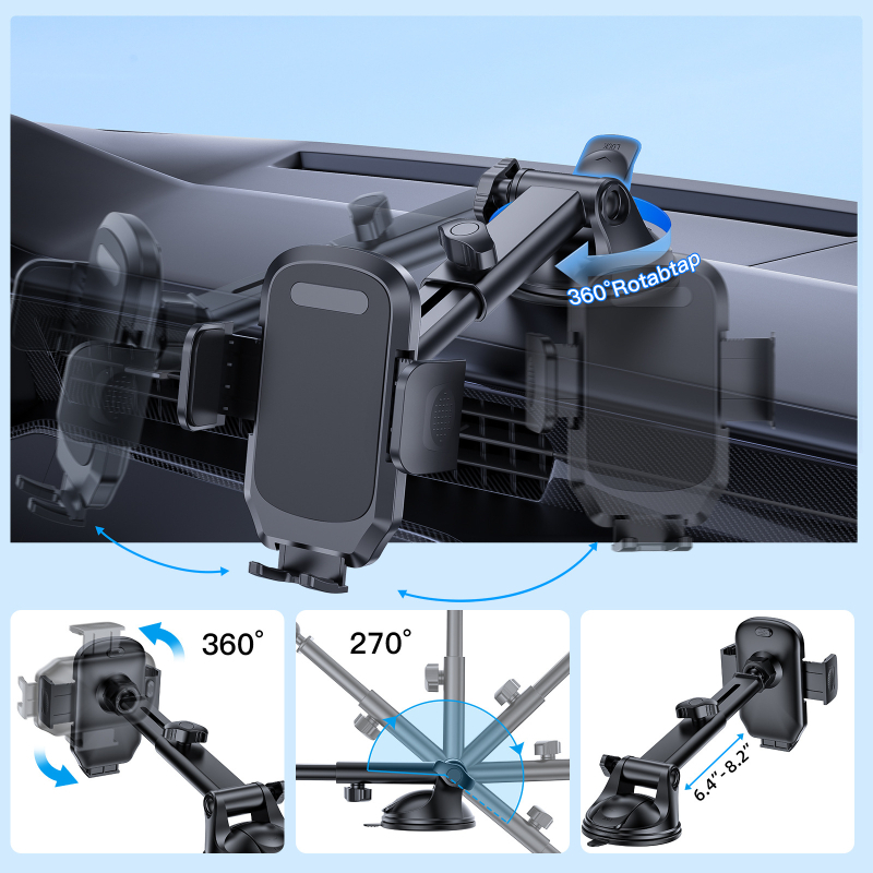 Автомобилен държач за монтиране с вакуумна присоска, антихлъзгаща глава с 17 топчета, 360° въртене и телескопичен прът
