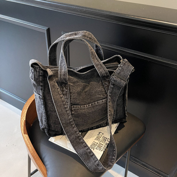 Gatvės mados deniminė tote rankinė su užtrauktuku, horizontalaus kvadrato formos, laminuota vidinė kišenė