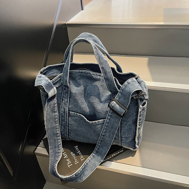 Gatvės mados deniminė tote rankinė su užtrauktuku, horizontalaus kvadrato formos, laminuota vidinė kišenė