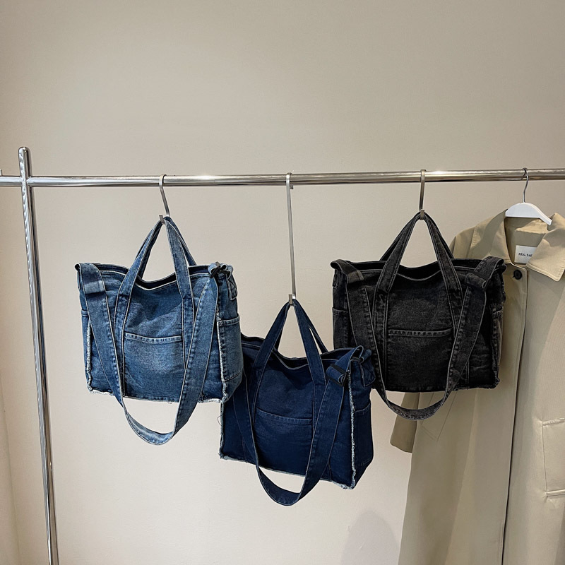 Gatvės mados deniminė tote rankinė su užtrauktuku, horizontalaus kvadrato formos, laminuota vidinė kišenė