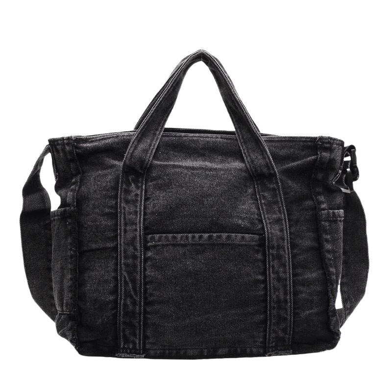 Gatvės mados deniminė tote rankinė su užtrauktuku, horizontalaus kvadrato formos, laminuota vidinė kišenė