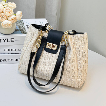 Női szalma válltáska utazáshoz – szabadidős utazási stílus, horizontális négyzet alak, cipzár, dupla vállpánt