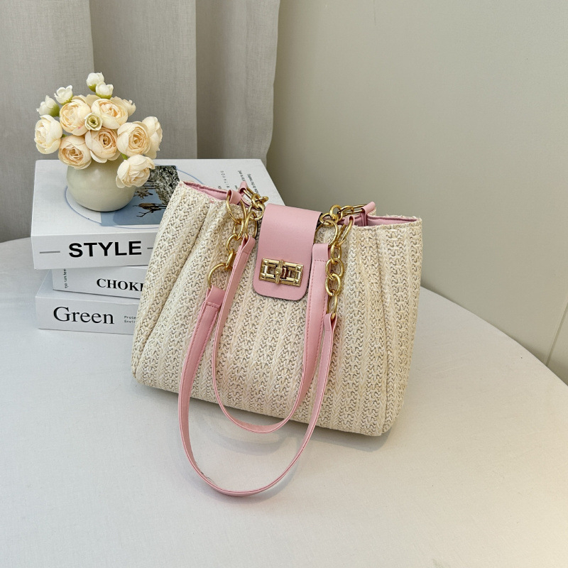 Női szalma válltáska utazáshoz – szabadidős utazási stílus, horizontális négyzet alak, cipzár, dupla vállpánt