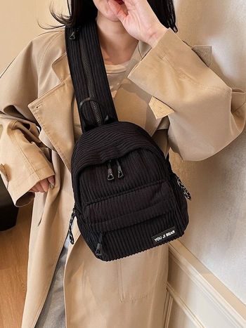 Mini ruksak u uličenom stilu, corduroy materijal, poliester podstava, zatvarač, trodimenzionalna vanjska torba
