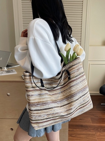 Pletena slamena torbica za rame s horizontalnim kvadratnim oblikom — zatvarač, podstava poliester, džep za mobitel