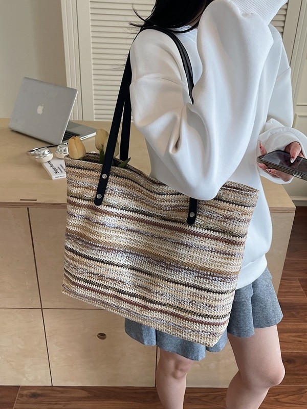 Pletena slamena torbica za rame s horizontalnim kvadratnim oblikom — zatvarač, podstava poliester, džep za mobitel