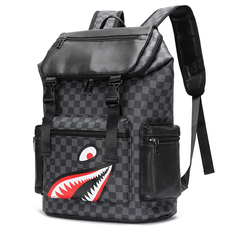 Rucsac din piele PU, model carouri, impermeabil, durabil, compartiment pentru calculator