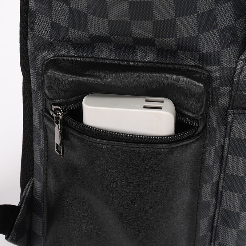 Rucsac din piele PU, model carouri, impermeabil, durabil, compartiment pentru calculator