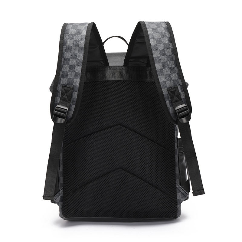 Rucsac din piele PU, model carouri, impermeabil, durabil, compartiment pentru calculator