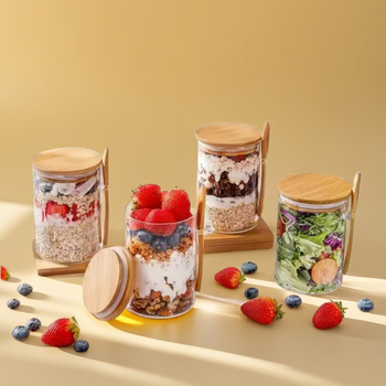 Stiklo laikymo indas su bambuko dangteliu ir medine šaukšteliu — aukštos kokybės borosilikatinis stiklas, drėgmės atsparumas, šiuolaikinis minimalistinis stilius