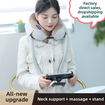 Masaj pentru gât în formă de U cu pernă de masaj și suport pentru telefon, 4 capete de masaj, terapie cu infraroșu, masaj cu vibrații, model JM-168, reîncărcabil