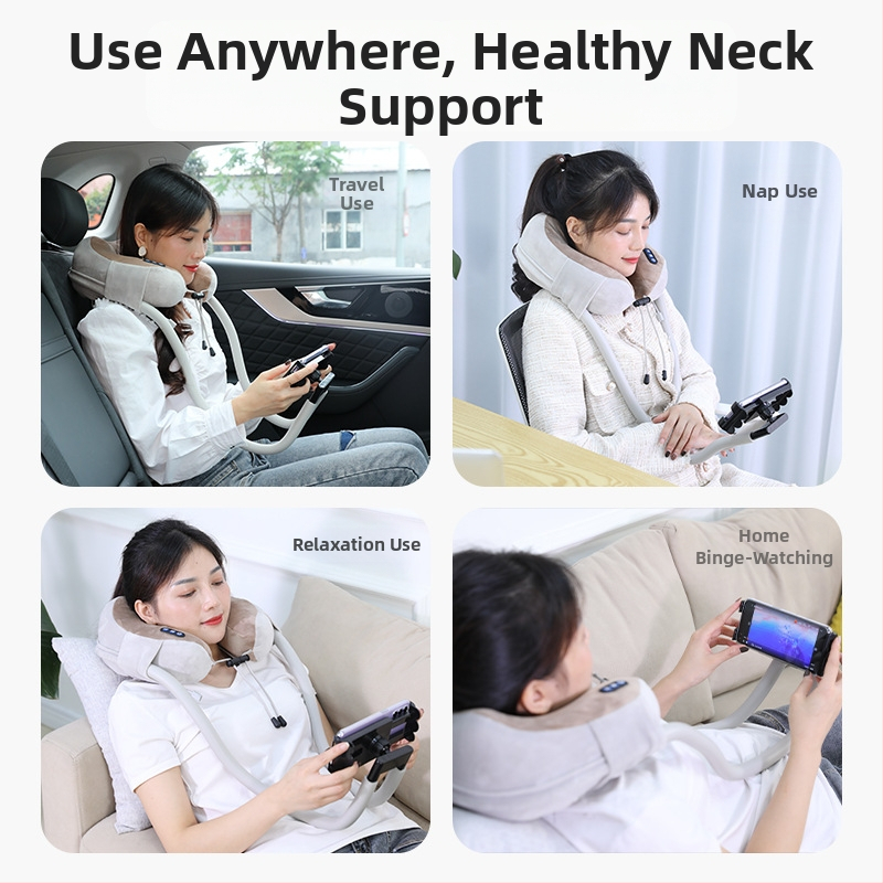 U-образен масажор за шията с масажна възглавничка и стойка за телефон, 4 масажни глави, инфрачервена терапия, вибрационен масаж, модел JM-168, презареждащ