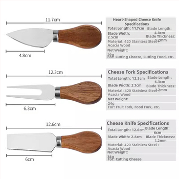 Medinis sūrio padėklų rinkinys su akacijos medienos peiliu ir skraptuku; nereguliarus formos; šiaurinis vėjo stilius; vientisas raštas; spausdintas logotipas; pritaikymas