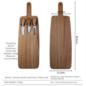 Medinis sūrio padėklų rinkinys su akacijos medienos peiliu ir skraptuku; nereguliarus formos; šiaurinis vėjo stilius; vientisas raštas; spausdintas logotipas; pritaikymas