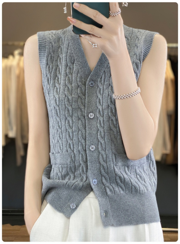 Női kötött kardigán-vest V-nyakkal, egy sorban több csattal záródó, viszkóz-poliészter fonalból készült, normál hosszúságú 50–65 cm