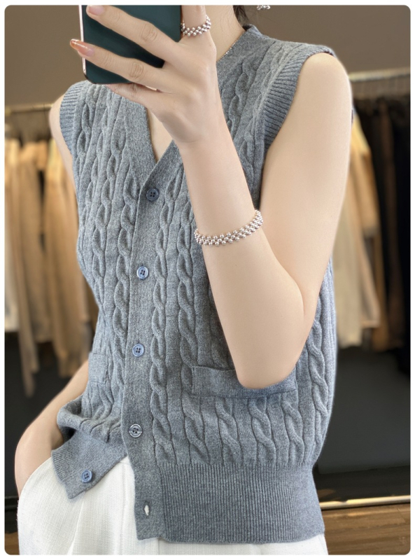 Vesta cardigan tricotată pentru femei, decolteu în V, închidere cu nasturi în linie, tricot din viscoză-poliester, lungime obișnuită 50–65 cm