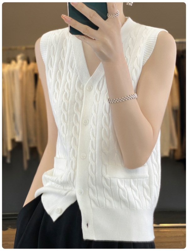Női kötött kardigán-vest V-nyakkal, egy sorban több csattal záródó, viszkóz-poliészter fonalból készült, normál hosszúságú 50–65 cm