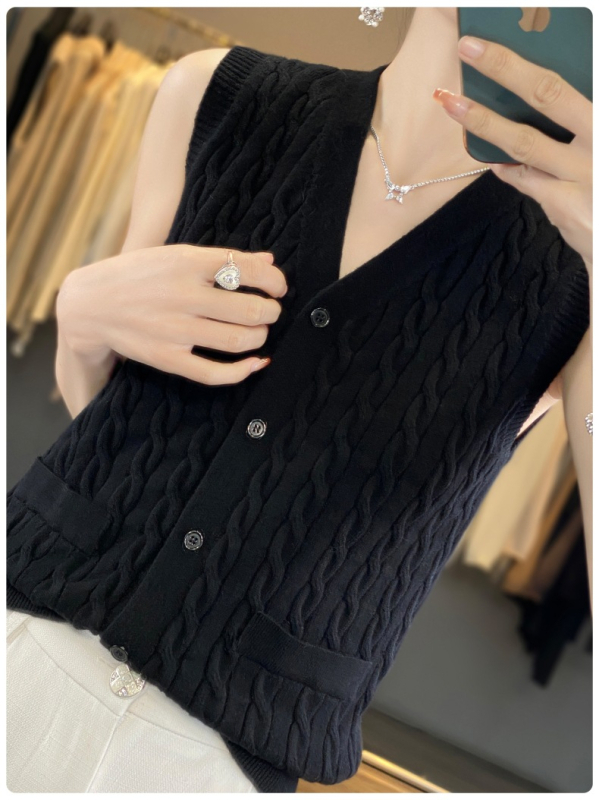 Női kötött kardigán-vest V-nyakkal, egy sorban több csattal záródó, viszkóz-poliészter fonalból készült, normál hosszúságú 50–65 cm