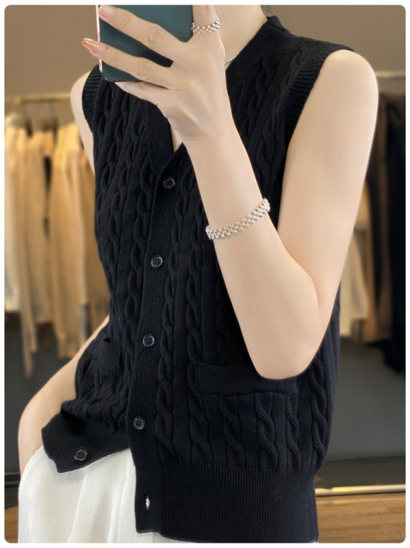 Vesta cardigan tricotată pentru femei, decolteu în V, închidere cu nasturi în linie, tricot din viscoză-poliester, lungime obișnuită 50–65 cm