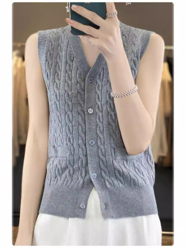 Női kötött kardigán-vest V-nyakkal, egy sorban több csattal záródó, viszkóz-poliészter fonalból készült, normál hosszúságú 50–65 cm