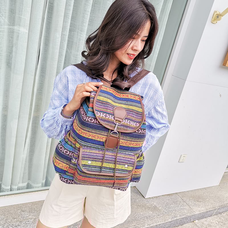 Ženski bucket ruksak od Oxford tkanine, vertikalni kvadratni oblik, prugasti uzorak, unutarnji džepovi: džep sa zatvaračem i džep za prijenosno računalo