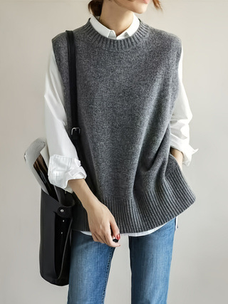 Жилетка без ръкави от плетиво, кръгла яка, свободен силует, едноцветен модел, вискоза 80–90%