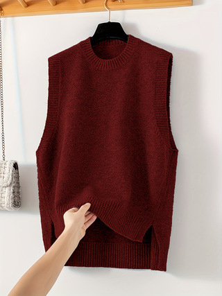 Жилетка без ръкави от плетиво, кръгла яка, свободен силует, едноцветен модел, вискоза 80–90%