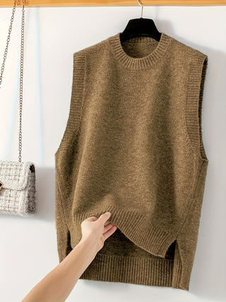 Жилетка без ръкави от плетиво, кръгла яка, свободен силует, едноцветен модел, вискоза 80–90%