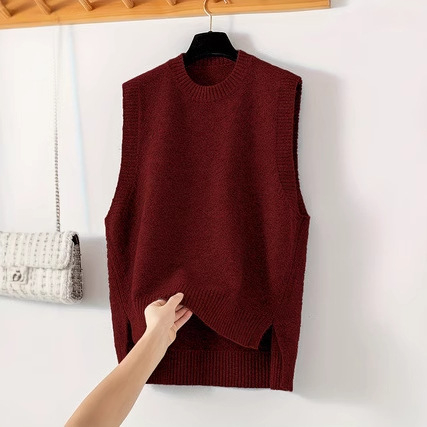 Жилетка без ръкави от плетиво, кръгла яка, свободен силует, едноцветен модел, вискоза 80–90%