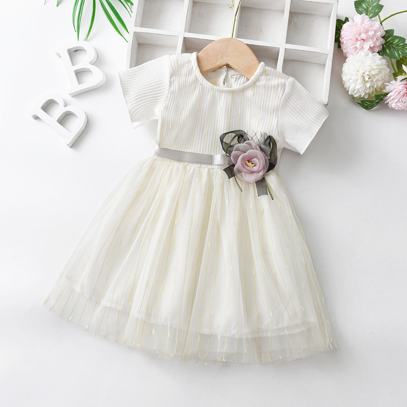 Детска рокля за момичета в корейски стил, къс ръкав, мрежеста тъкан, принцес рокля от памук с подплата, за деца на 1–3 години
