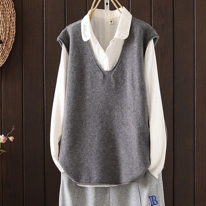 Γυναικείο πλεκτό γιλέκο - V-λαιμόκοψη, χωρίς μανίκια, χαλαρή γραμμή, ανάμειξη πολυεστέρα/νάιλον (Άνοιξη 2024)